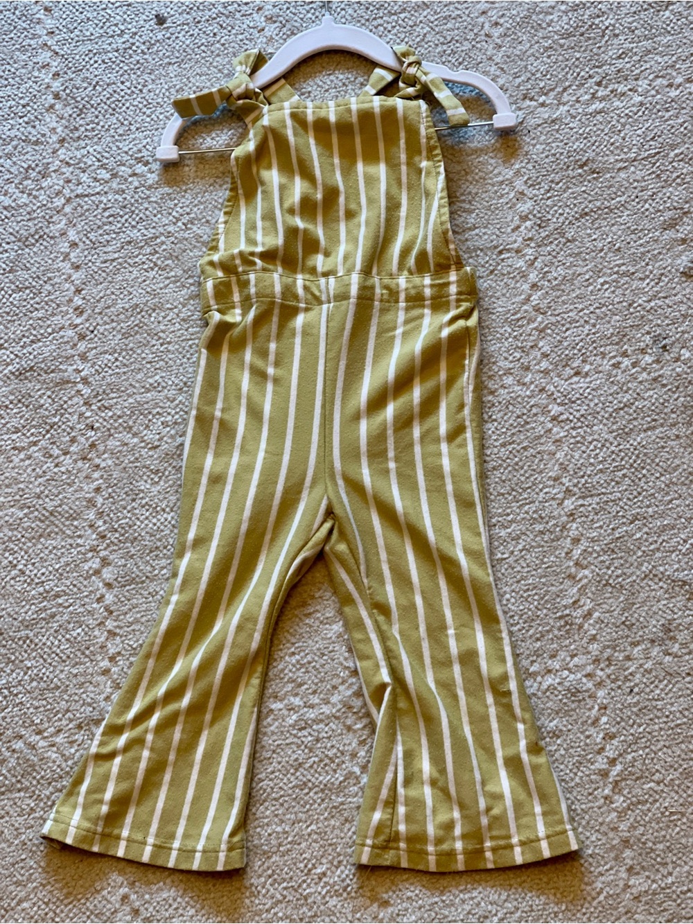 Olive Green Striped Tie-Shoulder Kids Overalls